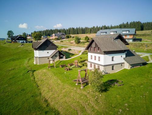 an aerial view of a house in a field at Aparthotel Teddy Kvilda in Kvilda