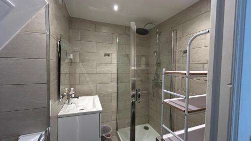 une salle de bain avec douche et lavabo dans l'établissement Charmant T2 à 5 min des Plages -10min Calanques, à Marseille