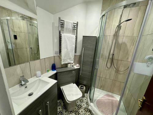 a bathroom with a sink toilet and a shower at The Half Moon in Petersfield