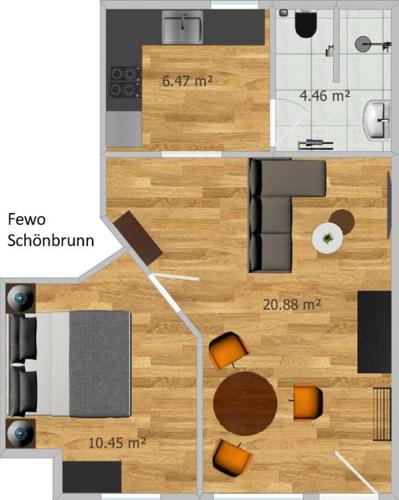 a floor plan of a small apartment with a table at Pension & Ferienwohnung Oberhof 810 M in Oberhof