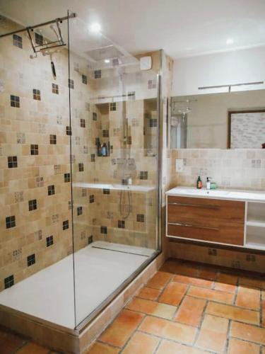 une salle de bain avec douche et lavabo dans l'établissement Maison de campagne avec Piscine, à Pernes-les-Fontaines