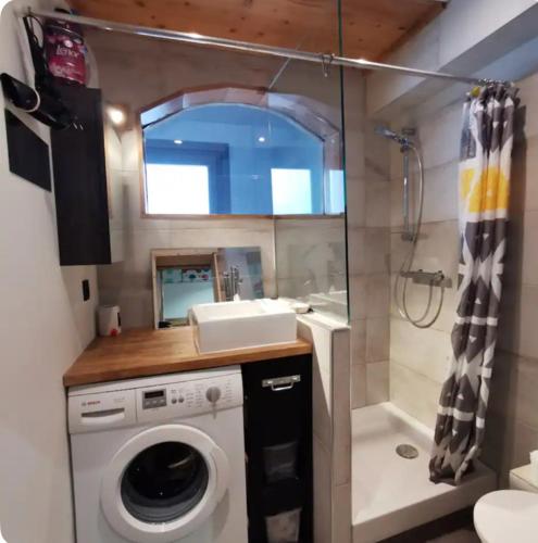 La salle de bains est pourvue d'un lave-linge et d'une douche. dans l'établissement Ski au pied les Houches / Chamonix, aux Houches