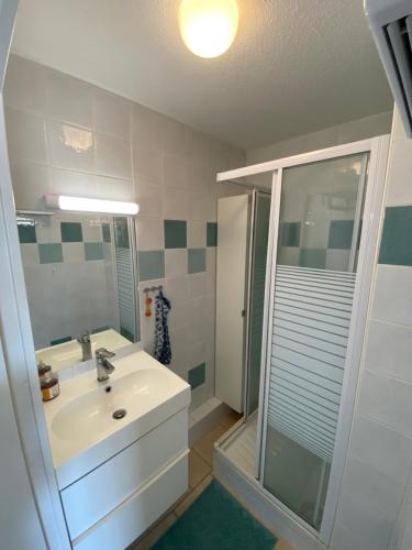 une salle de bain avec un lavabo et une douche dans l'établissement Bandol Appartement hyper centre terrasse et parking, à Bandol