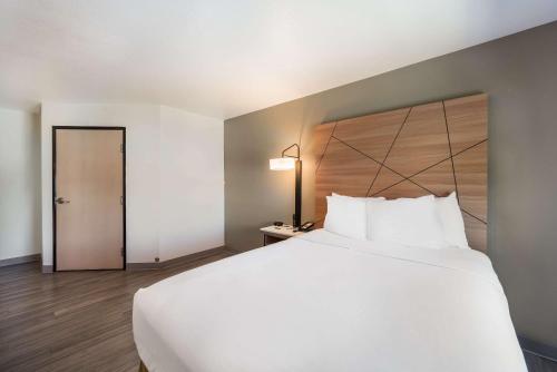 a bedroom with a large white bed with a wooden headboard at Quality Inn Yuba City-Marysville in Yuba City