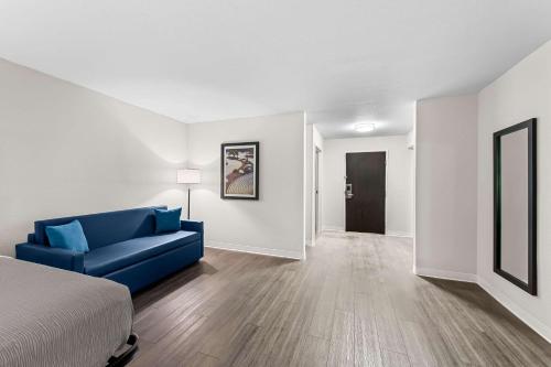 a living room with a blue couch and a bed at Quality Inn & Suites Kilgore-Longview in Kilgore
