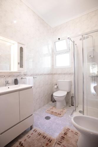 a bathroom with a toilet and a sink and a shower at Levada House Prazeres in Prazeres
