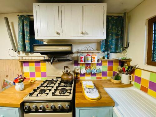 a kitchen with a stove with a tea kettle on it at Camp Hillcrest Horsebox in Lydney