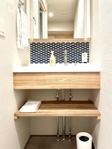 a bathroom with a sink and a mirror at Den Nozawa in Nozawa Onsen