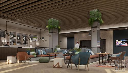 a rendering of a lobby with tables and chairs at Four Points by Sheraton King Abdulaziz Road in Riyadh