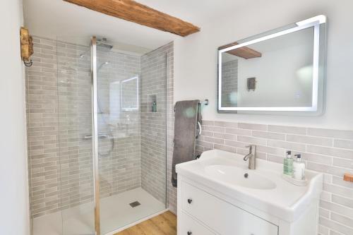 Un baño con ducha, lavabo y espejo. en La Rocque, en Saint-Sulpice-de-Cognac