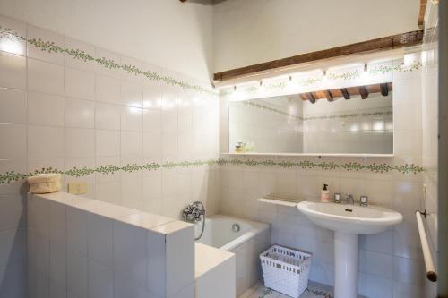a bathroom with a sink and a toilet and a mirror at Greg's House in Santa Lucia