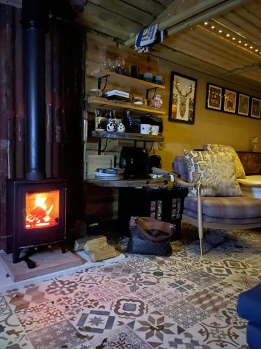 a living room with a fireplace and a couch at Pear Tree Hut at Carr house farm in Scarborough
