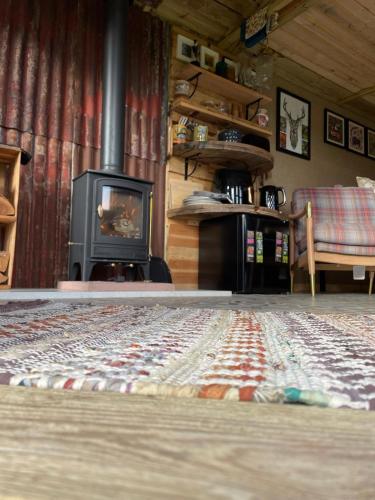 a living room with a rug on the floor and a fireplace at Pear Tree Hut at Carr house farm in Scarborough