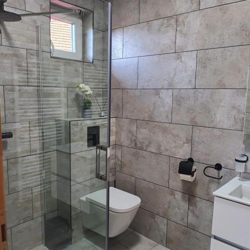 a bathroom with a toilet and a glass shower at Check-In Kaya in Sibiu