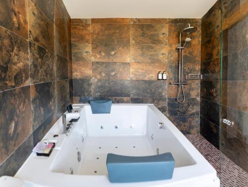 a bathroom with a tub and a shower at Apartamentos rurales Posada de Monfragüe con jacuzzi in Malpartida de Plasencia