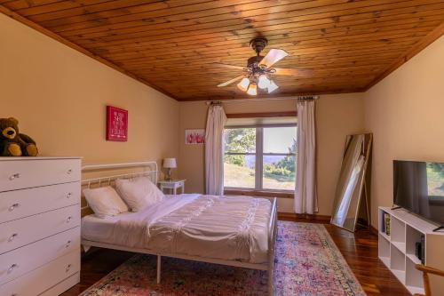 a bedroom with a bed and a ceiling fan at Grandview Getaway in Boone