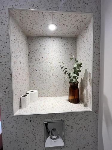 La salle de bains est pourvue d'un lavabo avec un vase sur une étagère. dans l'établissement 2 Bedroom apartment with AC, à Hyères
