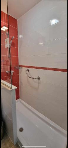 une douche avec une porte vitrée dans une salle de bain dans l'établissement La corniche d'or - Saint Raphael, à Saint-Raphaël