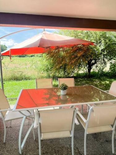 a table and chairs with a red umbrella at Le jardin secret - Colmar - WIFI in Horbourg
