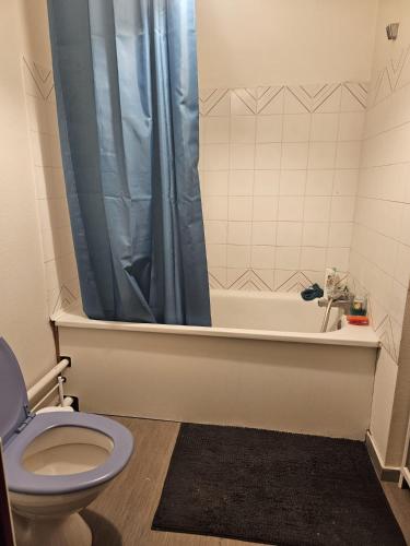 La salle de bains est pourvue de toilettes et d'un rideau de douche bleu. dans l'établissement Chambre proche de la gare de Pessac, à Pessac