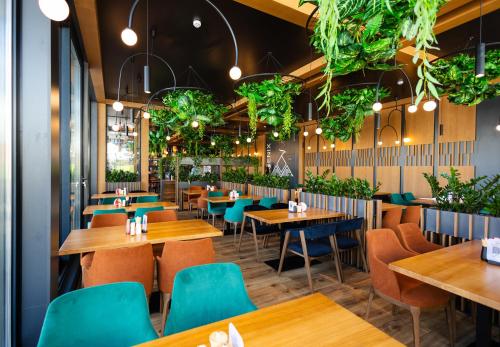 a restaurant with wooden tables and blue chairs at Phoenix Medical Resort in Skhidnitsa