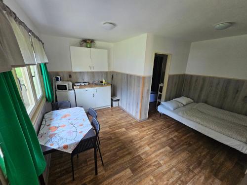 a small room with a bed and a kitchen at Penzion Poslední míle in Milovy