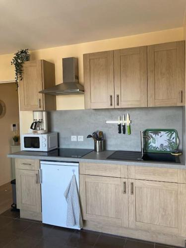 a kitchen with wooden cabinets and a white appliance at Chez karine 4 in Arpajon