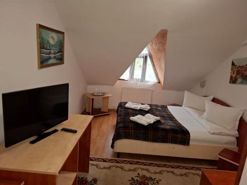 ein Schlafzimmer mit einem Bett und einem Flachbildfernseher in der Unterkunft Casa Boiereasca in Iaşi