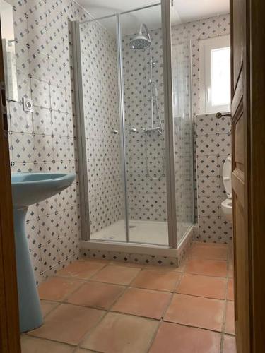 une salle de bain avec douche et lavabo dans l'établissement Maison de campagne au milieu des vignes et piscine, à Méounes-lès-Montrieux