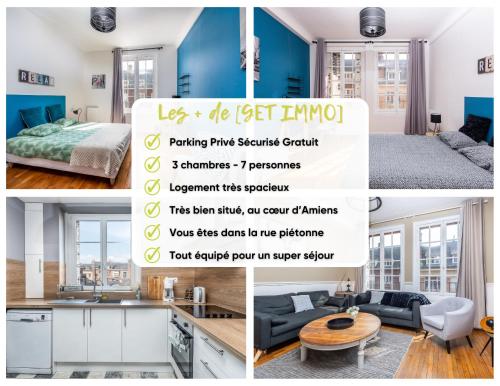 een collage van foto's van een keuken en een woonkamer bij Magnifique 3 Chambres - Parking - Hyper Centre - Gare in Amiens