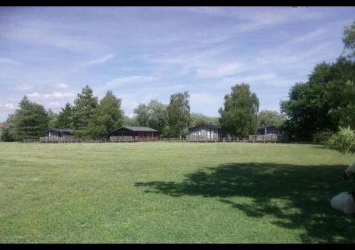 a large grass field with houses in the background at Puddledock - luxury lodge - Romney Marsh, Kent in Brookland