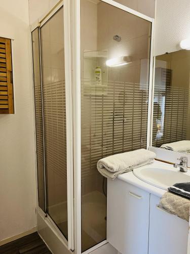 une salle de bain blanche avec une douche et un lavabo dans l'établissement Chaleureux Et Lumineux Duplex T2, à La Rochelle