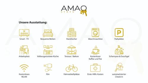 a set of line and pixelated icons of amazon at AMAO Amber - 120 m2 Group Apartment - 10 Guests - King-Size Beds - 2 Bathrooms - Free Parking in Rheinhausen
