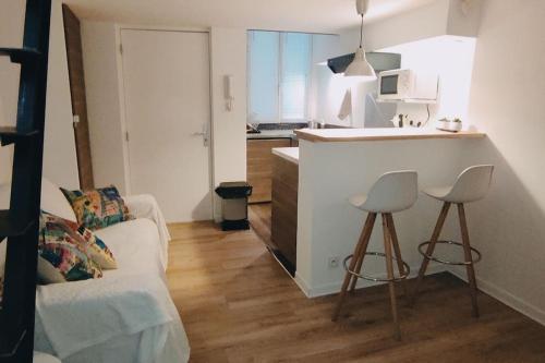 un salon avec un canapé et une cuisine dans l'établissement Le cocon de Rose, à Toulouse