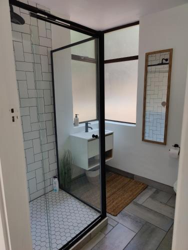 a bathroom with a sink and a mirror at Gordon's Bay Sunset View in Cape Town