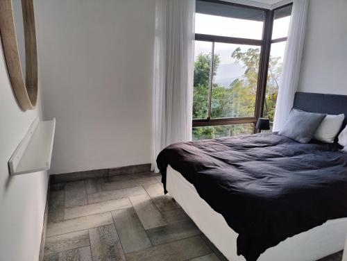Un dormitorio con una cama y una ventana grande. en Gordon's Bay Sunset View, en Ciudad del Cabo