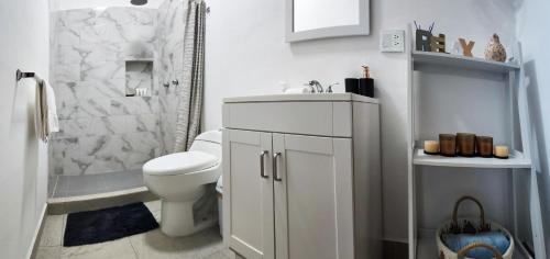a bathroom with a toilet and a sink and a shower at Estudio cabo lindo in Santa Anita