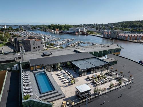an overhead view of a marina with a pool at Quality Hotel Tønsberg in Tønsberg