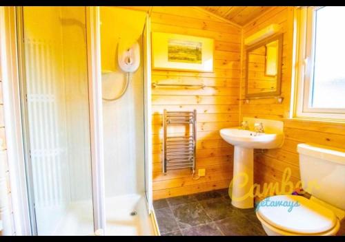 ein Badezimmer mit Toilette, Waschbecken und Dusche in der Unterkunft Rainbow Petty - Romney Marsh, Kent in Brookland