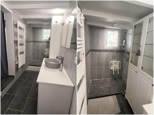 une salle de bain avec un lavabo, une douche et des toilettes dans l'établissement Charmante maison climatisée 6 personnes proximité plage, à Frontignan