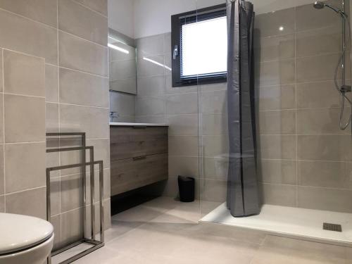 une salle de bain avec douche et toilettes et une fenêtre dans l'établissement Appartement 4A villa cargese, à Cargèse