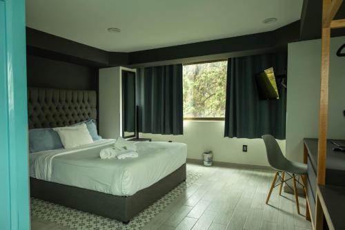 a bedroom with a bed and a desk and a window at Casa Romita in Mexico City