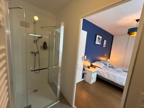 Cette chambre comprend un lit et une salle de bains pourvue d'une douche. dans l'établissement Le Repaire de Mickey, à Chessy