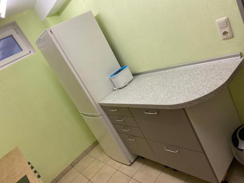a small kitchen with a white refrigerator in a room at Monteurwohnung Brunner in Engelthal