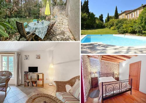 een collage van foto's van een huis met zwembad bij Charme rustique avec jardin privé "Au Pastel" in Soupex