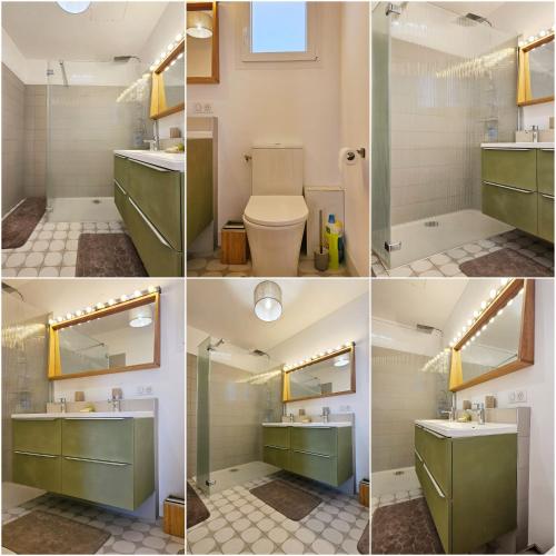 un collage de quatre photos d'une salle de bains dans l'établissement Unique en front de mer! Villa Astrea et sa piscine, à Frontignan
