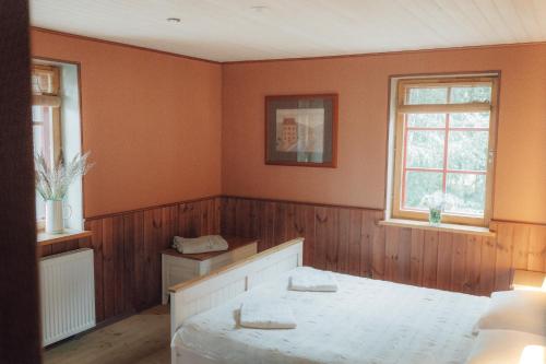 een slaapkamer met een bed en twee ramen bij Veskivee Külalistemaja in Umbusi