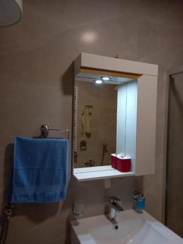 a bathroom with a sink and a mirror with a blue towel at Sovica 2 in Temerin
