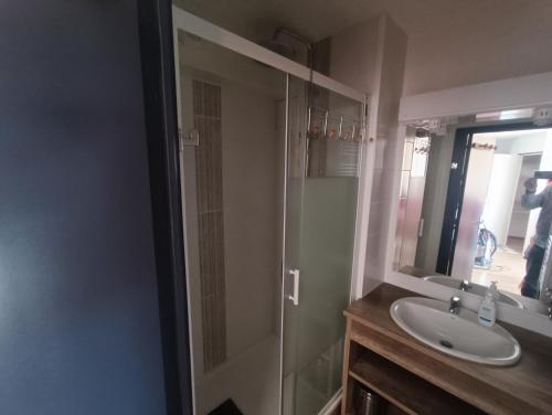 a bathroom with a glass shower and a sink at Appartement Le Corbier, 3 pieces, 7 personnes, au pied des pistes in Villarembert