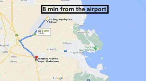 a map of a trip to the airport at 4 Seasons Suites Paradise Athens Airport in Markopoulo